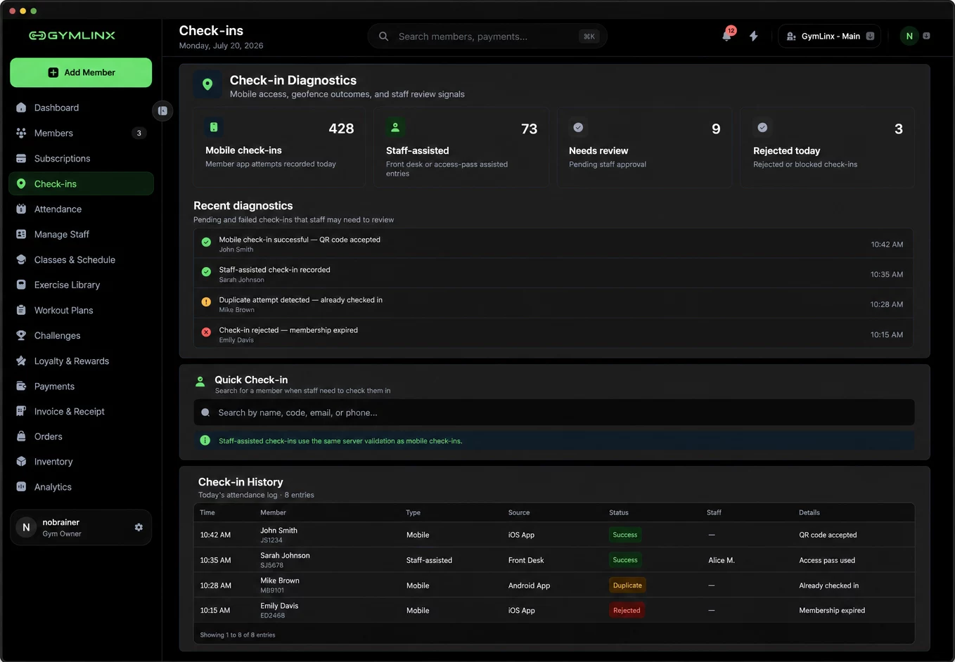 GymLinx check-in diagnostics showing mobile and staff-assisted activity