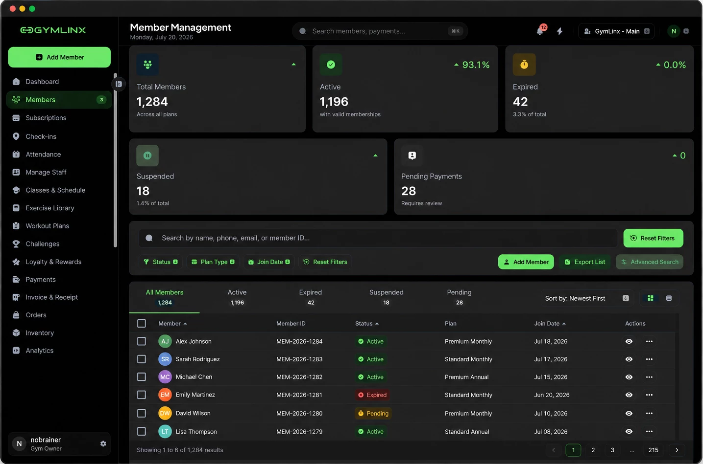 GymLinx member management screen showing member records and membership status