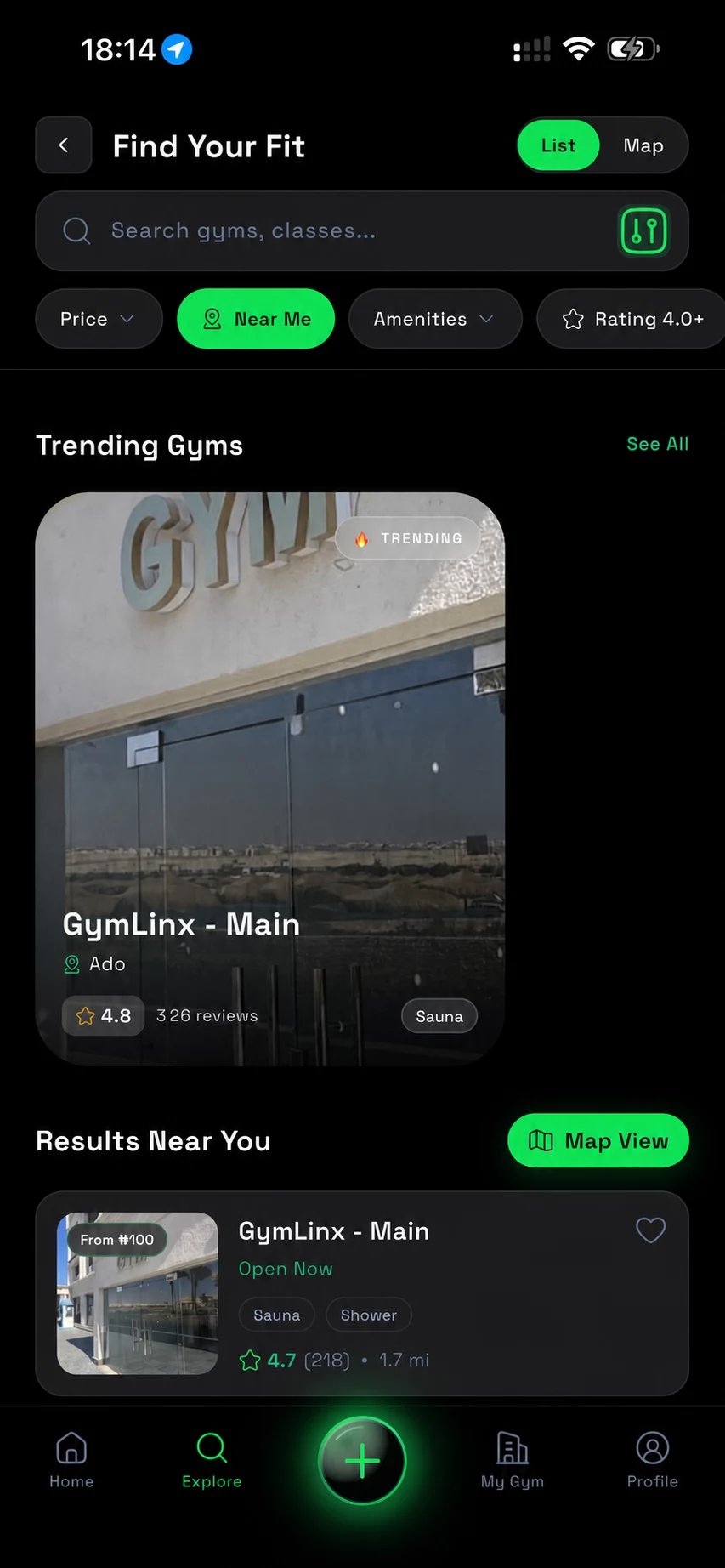 GymLinx Find Your Fit screen showing nearby gyms, ratings, and discovery filters
