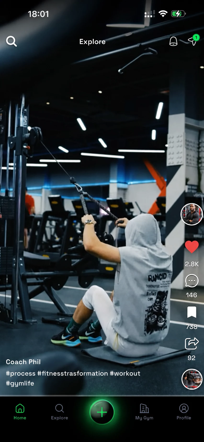 GymLinx social home feed showing a fitness video and community engagement