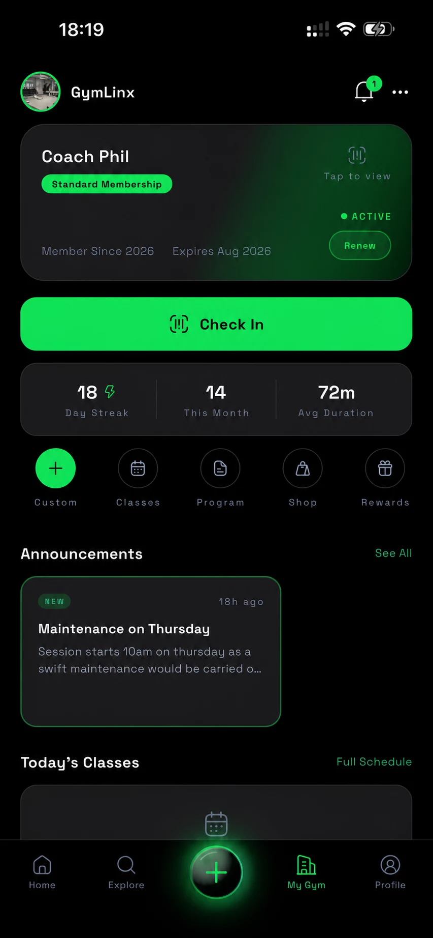 GymLinx My Gym screen showing an active membership, check-in, activity, and announcements